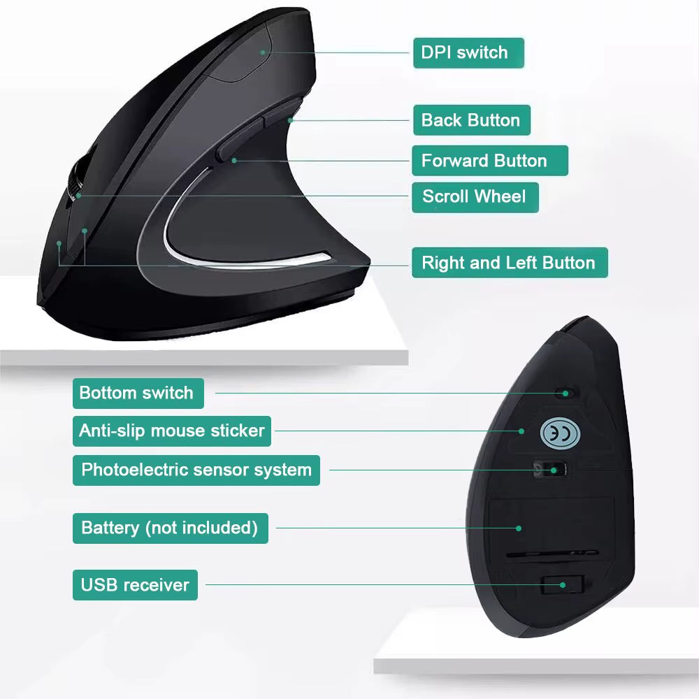 "Ergonomic Vertical Wireless Mouse – 2.4GHz, 6 Buttons, Adjustable DPI (800/1200/1600) for Laptop & PC"