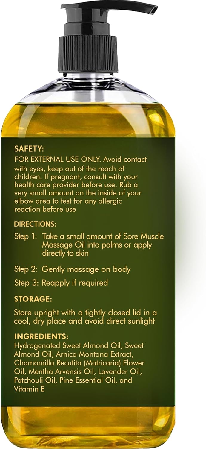 Arnica Massage Oil for Sore Muscles – Relaxing Lavender & Chamomile – Natural Relief, 8 fl oz