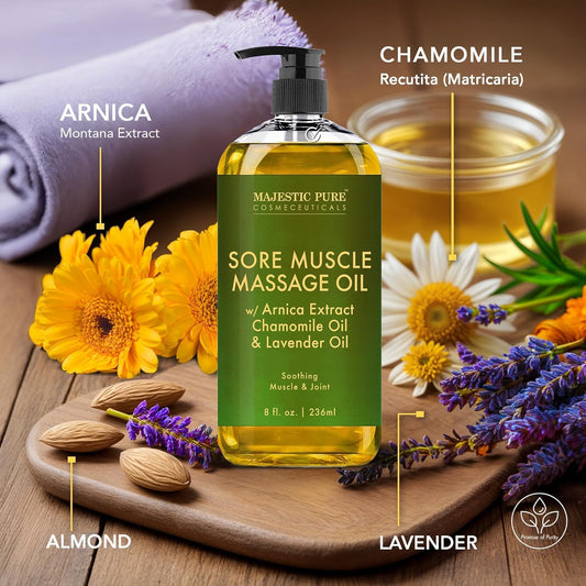 Arnica Massage Oil for Sore Muscles – Relaxing Lavender & Chamomile – Natural Relief, 8 fl oz