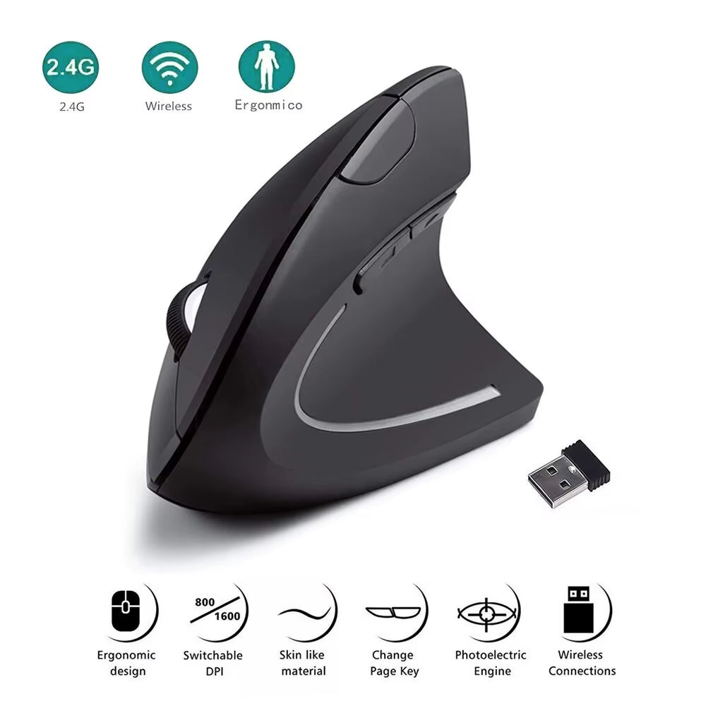 "Ergonomic Vertical Wireless Mouse – 2.4GHz, 6 Buttons, Adjustable DPI (800/1200/1600) for Laptop & PC"