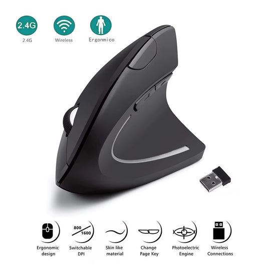 "Ergonomic Vertical Wireless Mouse – 2.4GHz, 6 Buttons, Adjustable DPI (800/1200/1600) for Laptop & PC"